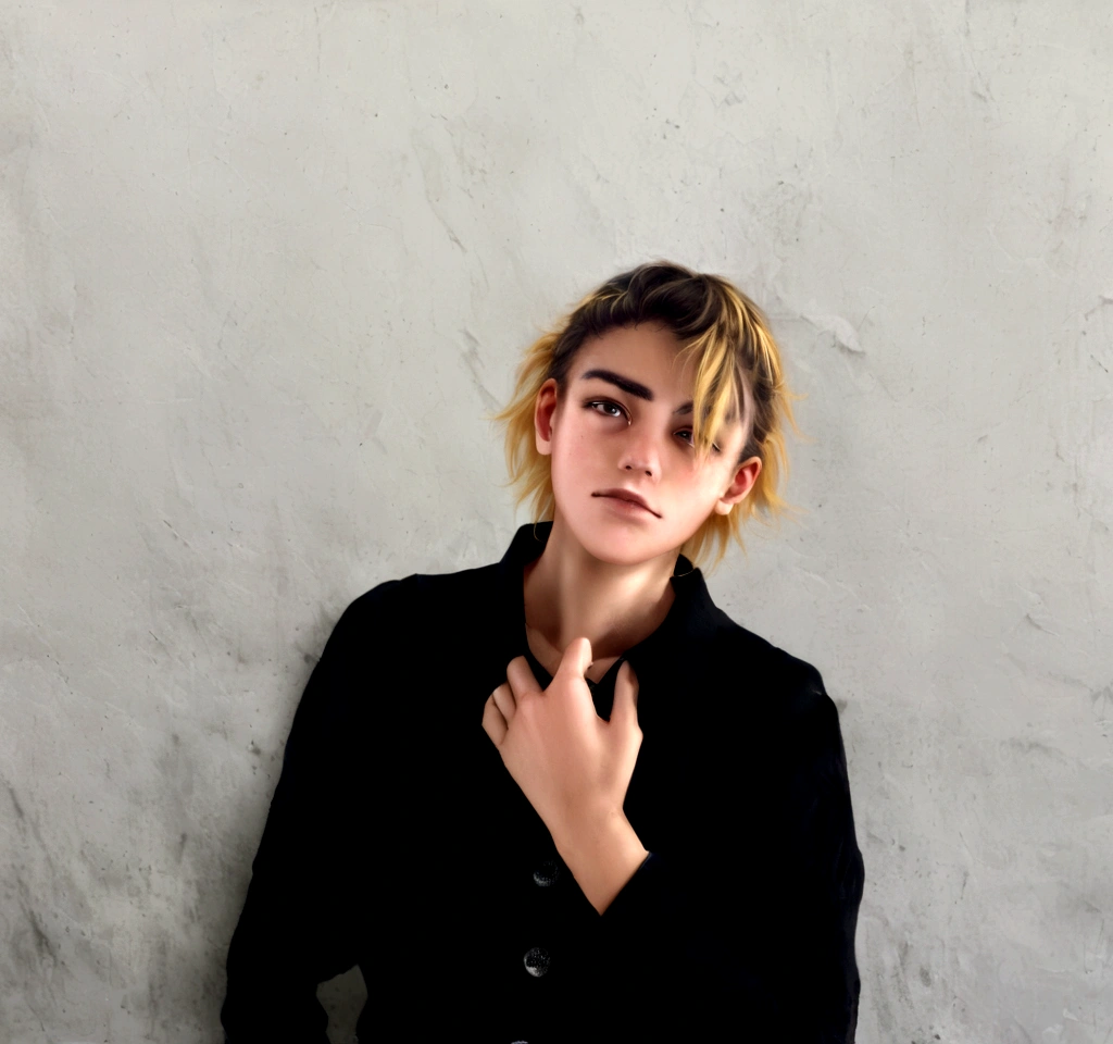 Chico de pelo rubio con camisa negra y jeans posando para una foto., androgynous person, riyahd cassiem, taken in the early 2020s, around 19 years, imagen de muy muy baja calidad, androginia, androgynous male, androgynous, andres rios, tommy 1 6 years, 18 years