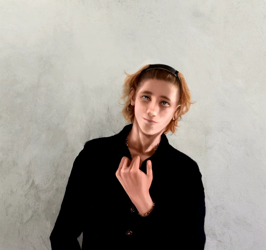 Chico de pelo rubio con camisa negra y jeans posando para una foto., androgynous person, riyahd cassiem, taken in the early 2020s, around 19 years, imagen de muy muy baja calidad, androginia, androgynous male, androgynous, andres rios, tommy 1 6 years, 18 years