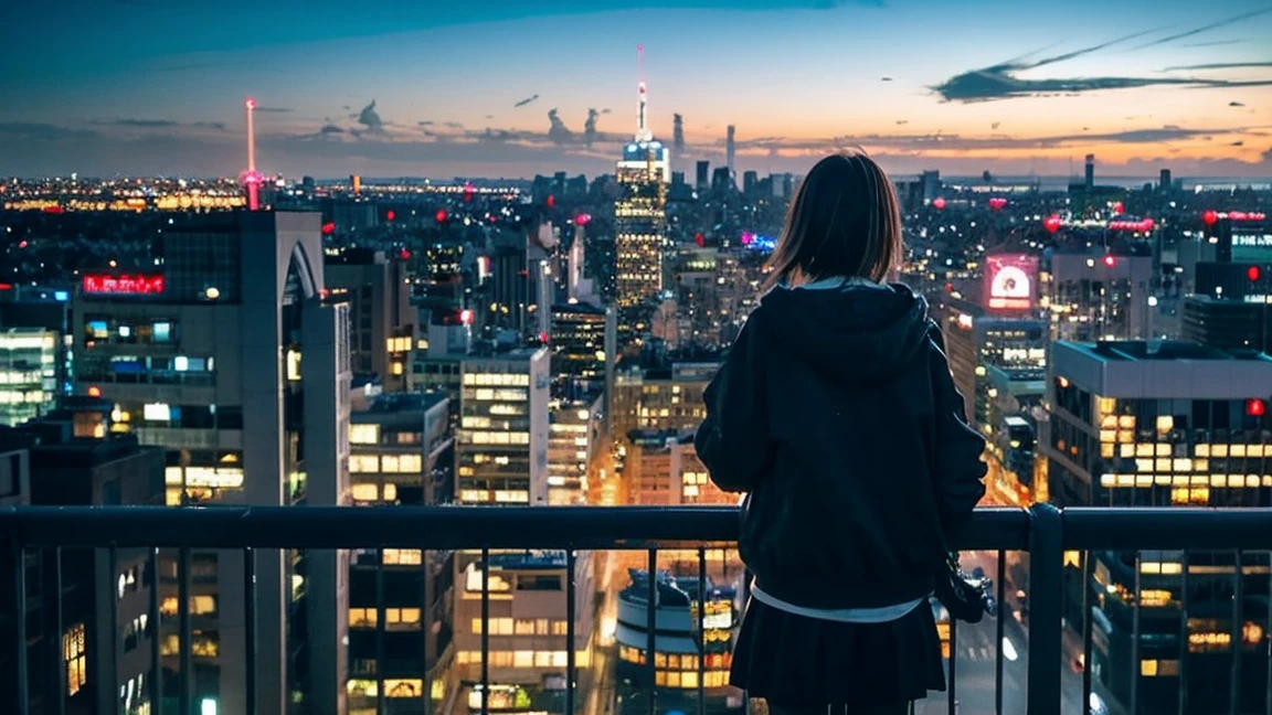 Anime girl standing on a ledge overlooking the city at night, HD anime cityscape, by Yuumei, Approaching the city, Tokyo Anime Scene, Distant City of Fire, Explosive, author:Cyril Rolland, Ultra HD Anime Wallpaper, Awesome Wallpapers, Beautiful anime scene, Overlooking the modern city
