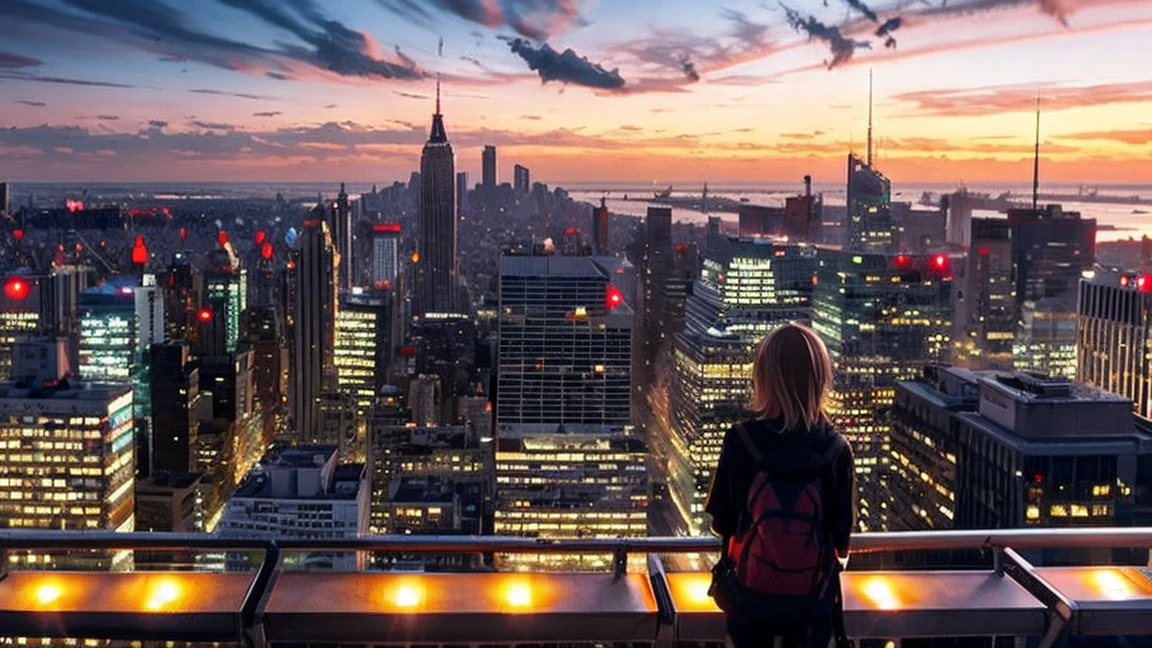 Anime girl standing on a ledge overlooking the city at night, HD anime cityscape, by Yuumei, Approaching the city, Tokyo Anime Scene, Distant City of Fire, Explosive, author：Cyril Rolland, Ultra HD Anime Wallpaper,  Awesome Wallpapers, Beautiful anime scene, Overlooking the modern city