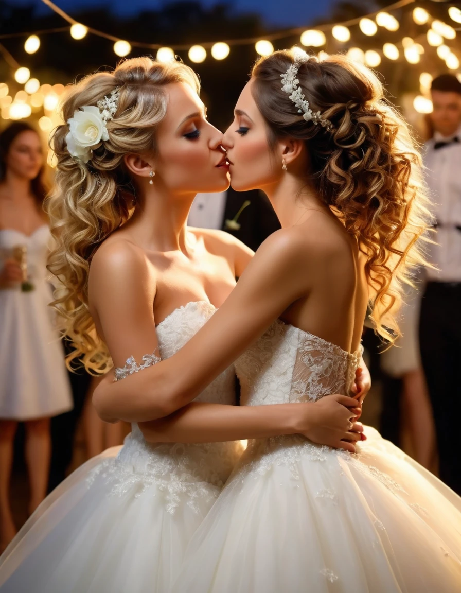 2 two ((diferent)) lesbian girls dancing at a wedding reception, in the night, hugs, ((they look at each other)), they turn to each other and cry, ((they kiss with great passion)), (((messy dirty girls))), wet hair, the lesbian sexual movement, sensual touching in a sensitive place, seen from behind, hot kissing, sensual touching, sensitive touch, (she reaches between her legs with her hand :1.1) they sexually excite each other, their hair is different colour, wearing wedding dresses, blurred background, slim bodies, slim girls models, 27-year-old female models,(Extremely meticulous CG 8k wallpaper), (Ultra High Resolution:1.0) ,beautiful light up,realistic shaded,(A high resolution) Extremely exquisite facial details, photorealistic, (anatomically correct). 1 verry curly brunette hair, 1 very blonde hair, hairstyle up. wearing wedding dresses, very realistic