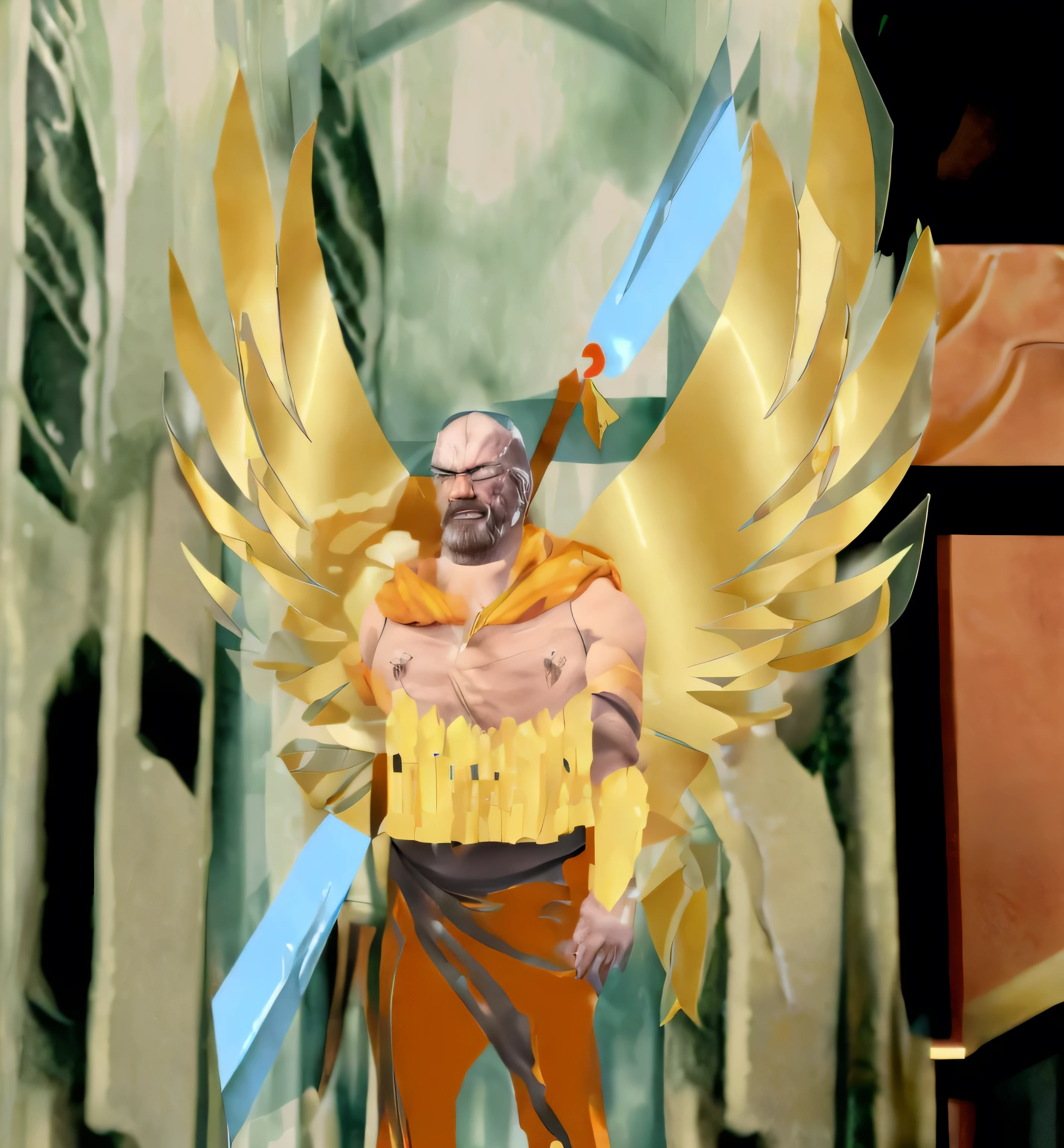 there is a big muscular 45 y/o. man with a magic sword and a sign that says time to kill, totalitarian socialist angel, walter white in attack on titan, walter white in dark souls, inspired by Armin Hansen, walter white in skyrim, joe biden in hell, rupert murdoch as the devil, BREAK depth of field (big muscles), dark green eyes, boots with futuristic sci-fi bodysuit with accents, sci-fi, power weapons , glowing, mechanical hands, (Futuristic sci-fi style: 1.3), Futuristic, technological, alien worlds, space themes, advanced civilizations, (medium shot: 1.3), (portrait photography: 1.3), Gold wings(masterpiece, best quality:1.3), hd, 8k, super details, science fiction, scenery, suit