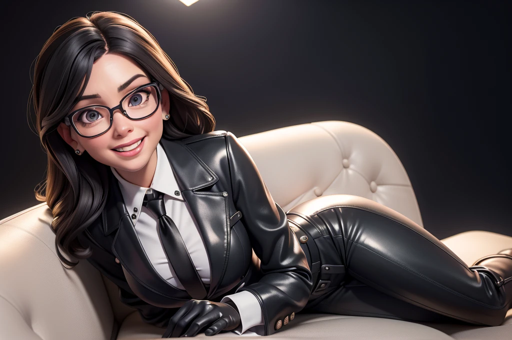 obra prima, melhor qualidade, (lauren boebert 70yo) big side smile, open mouth, licking lips, black medium length hair, black plastic glasses, pilot outfit, business blouse, necktie, (shiny pearl white leather,) studs zippers, shiny leather gloves, body is skinny, laying back against couch cushion, arched back, arm between legs, overhead camera view, looking down at me, shallow depth of field, highres, HD, 8k, anatomically correct