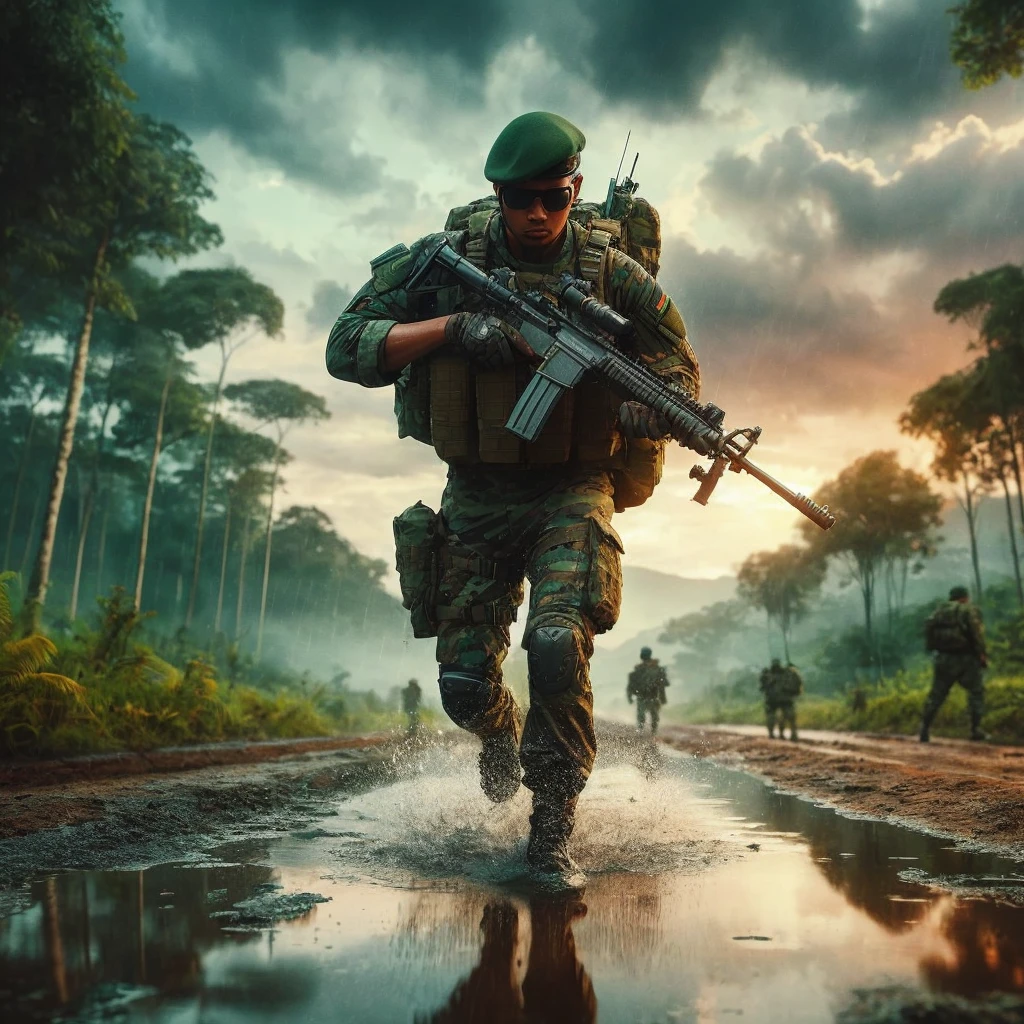 flat landscape. color and shades. heavy combat gear fit an indonesian army man with backpack and rifle. green beret. buzz cut hair. full view. from puddle reflection side. water splash. through rain forest path. sunset. ultra realistic. xHDRi. Super detailed. cinematic. 