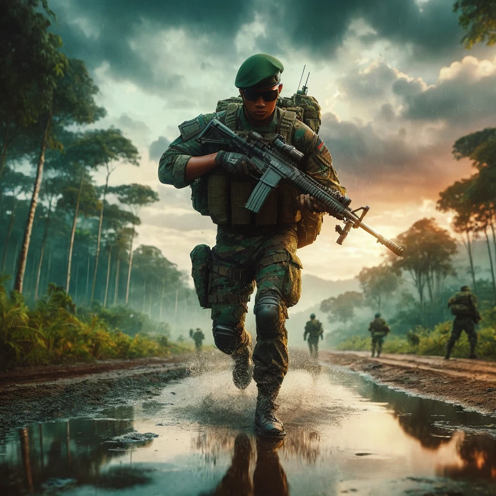 flat landscape. color and shades. heavy combat gear fit an indonesian army man with backpack and rifle. green beret. buzz cut hair. full view. from puddle reflection side. water splash. through rain forest path. sunset. ultra realistic. xHDRi. Super detailed. cinematic.