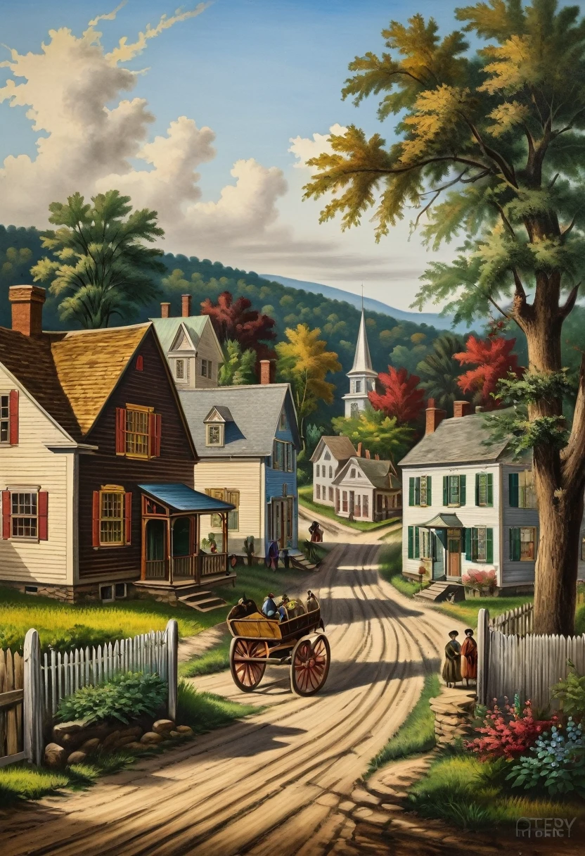 19th century america, countryside town, color painting