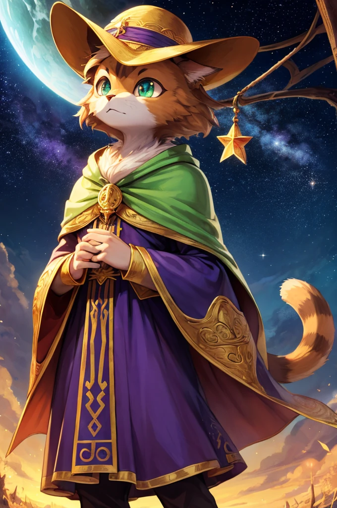 Em um vilarejo antigo, vive um gato muito especial, conhecido por todos como o Gato-Mago. De olhos esmeralda brilhantes e uma pelagem cinzenta como a noite, ele veste uma capa de mago que reluz com estrelas cintilantes. A capa, longa e majestosa, It is embroidered with mystical symbols that seem to shine in the moonlight. with an air of mystery, ele percorre as ruas com passos silenciosos, its enigmatic presence attracting looks of admiration and respect. The Magician Cat is no ordinary feline. He has magical abilities that leave the villagers amazed.. Your pointy hat, adornado com uma lua crescente, Swings gracefully with every movement. The children run after him, hoping to see some magic trick. He is known for his wisdom and helping those in need, whether with a simple spell for a bountiful harvest or with wise advice to resolve disputes. Nas noites estreladas, o Gato-Mago pode ser visto sentado no topo do monte mais alto, meditating and communicating with cosmic forces. They say he is the keeper of ancient secrets and that his mission is to protect the balance between good and evil.. Village elders often look to you for guidance in times of uncertainty. Even the most skeptical cannot deny the power and mystery that emanate from the Cat-Mage. Your starry cape is a symbol of hope, um lembrete de que a magia, even in the most difficult times, sempre encontra um jeito de se manifestar.