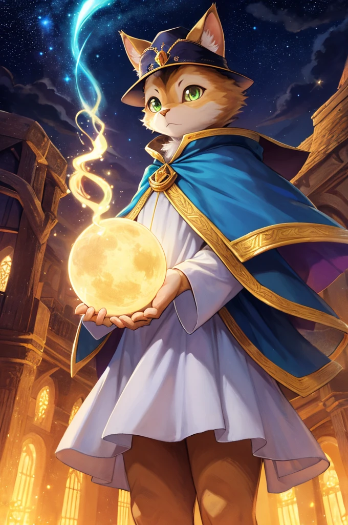 Em um vilarejo antigo, vive um gato muito especial, conhecido por todos como o Gato-Mago. De olhos esmeralda brilhantes e uma pelagem cinzenta como a noite, ele veste uma capa de mago que reluz com estrelas cintilantes. A capa, longa e majestosa, It is embroidered with mystical symbols that seem to shine in the moonlight. with an air of mystery, ele percorre as ruas com passos silenciosos, its enigmatic presence attracting looks of admiration and respect. The Magician Cat is no ordinary feline. He has magical abilities that leave the villagers amazed.. Your pointy hat, adornado com uma lua crescente, Swings gracefully with every movement. The children run after him, hoping to see some magic trick. He is known for his wisdom and helping those in need, whether with a simple spell for a bountiful harvest or with wise advice to resolve disputes. Nas noites estreladas, o Gato-Mago pode ser visto sentado no topo do monte mais alto, meditating and communicating with cosmic forces. They say he is the keeper of ancient secrets and that his mission is to protect the balance between good and evil.. Village elders often look to you for guidance in times of uncertainty. Even the most skeptical cannot deny the power and mystery that emanate from the Cat-Mage. Your starry cape is a symbol of hope, um lembrete de que a magia, even in the most difficult times, sempre encontra um jeito de se manifestar.