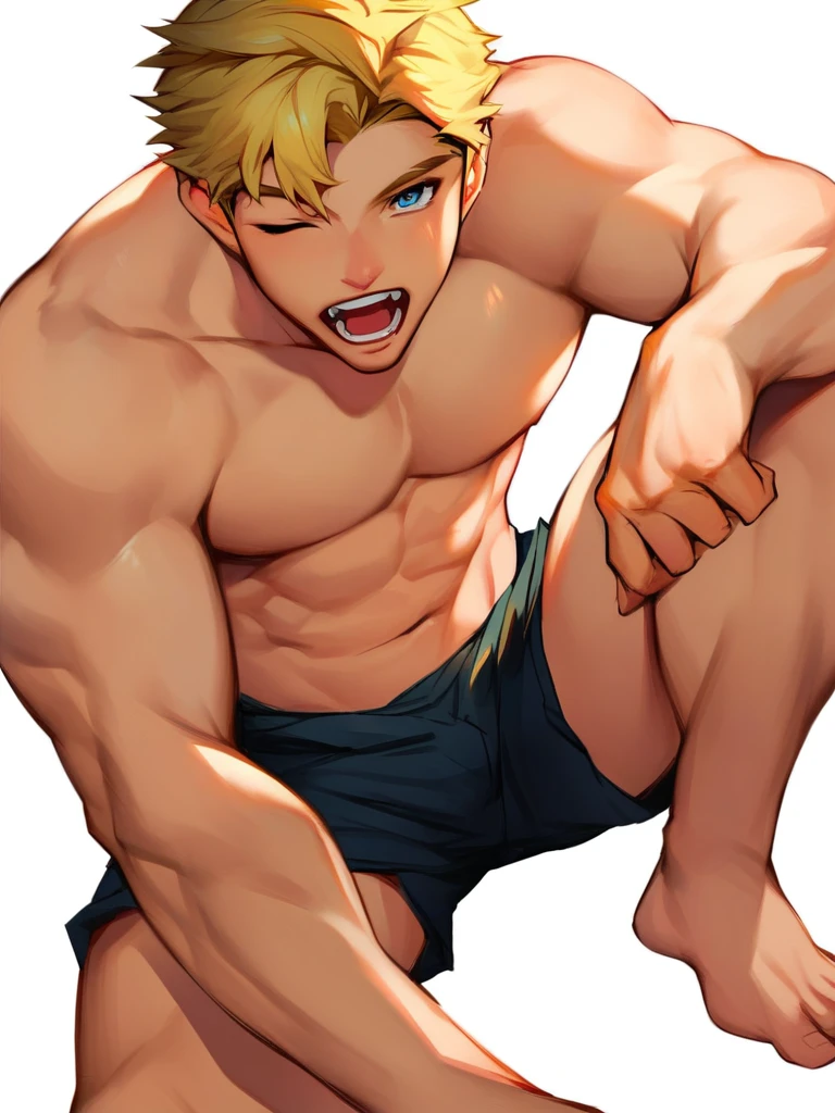 score_9, score_8_up, score_7_up, score_6_up, boy, blonde hair, one eye closed, yawning, shirtless, black shorts, cool, front, muscular, looking at viewer, simple white background, dynamic pose, concept art, RinotunaYei,