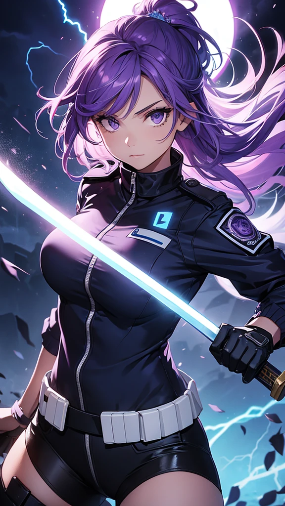 Girl in a police suit holding a sword with a lightning background with purple hair with a flower in her hair