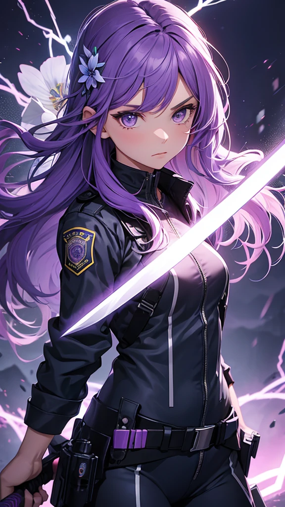 Girl in a police suit holding a sword with a lightning background with purple hair with a flower in her hair