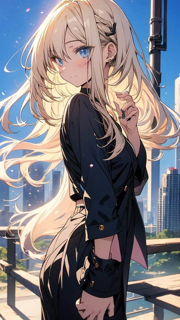 With anime style illustrations A teenage girl stood with her back turned. Surrounded by a city, blue eyes, golden colored hair flowing beautifully. Wearing a black suit, in good shape
