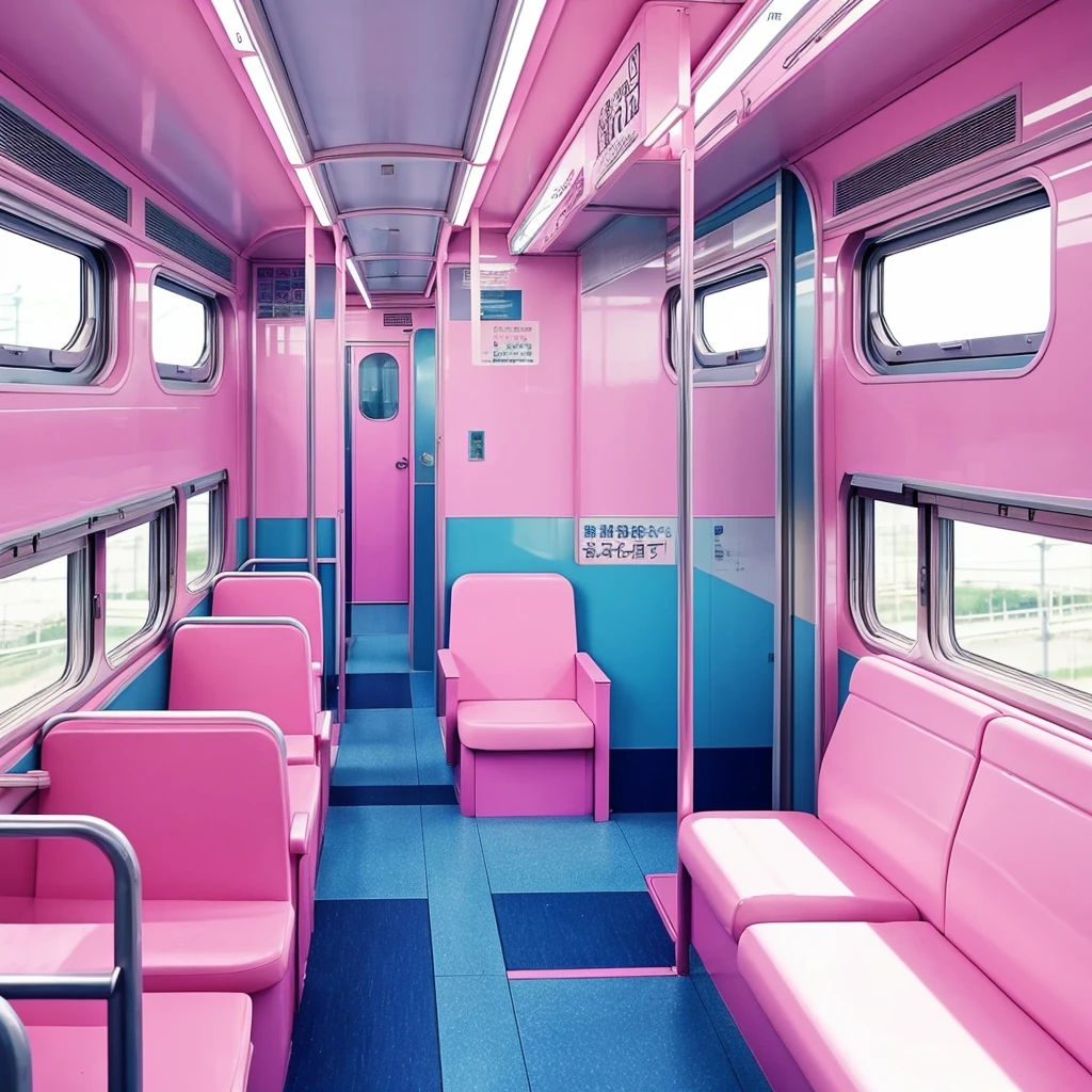 the interior of a empty train with pink seats, pastel colors, anime asthetic, anime aesthetic, inside the train, japan travel aesthetic, aesthetic award winning anime, kawaii aesthetic, bus, train, anime scenery, colorful anime movie background, ffffound, screenshot from a 2012s anime, anime background art, transport design, tumblr aesthetic, anime vibes, mirrored windows