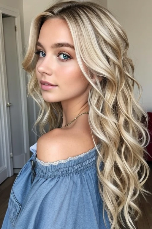 1 fille dans, 18 ans, Seulement, Long wavy hair, Petit , long messy windy cheveux blond, regarder la caméra, Cela fait, cheveux blond, bijoux, Tout le corps, (fond d'extremely detailed 8K display), soft lighting, High quality, Grains de films, Mise au point nette du Fujifilm XT3, f5.6, 50mm, high detail, Sharpness,(natural light), (attractive), developer, Realistic, sexy, T-shirt blanc moulant