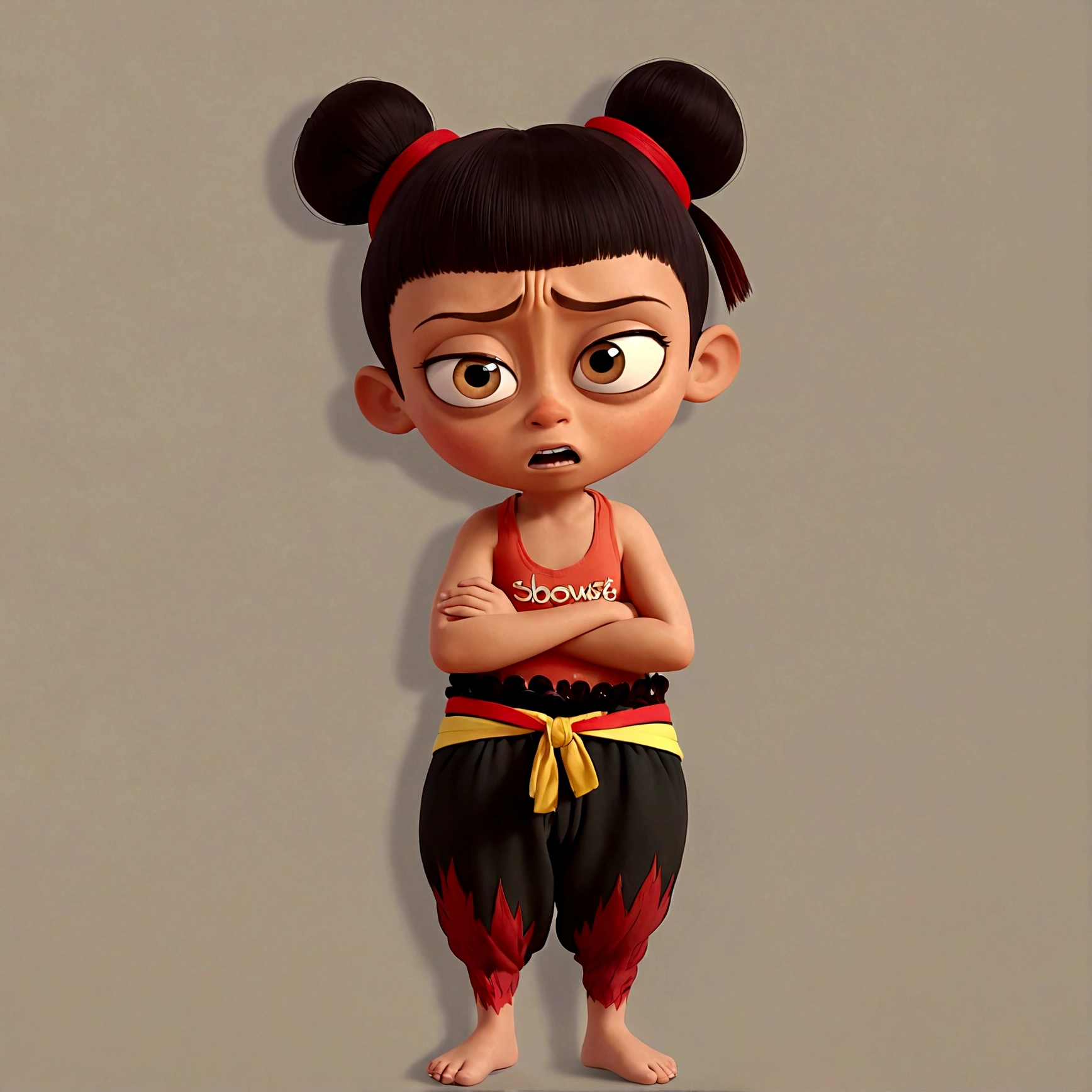 1boy，Cartoon Characters，Double bun，Red hair band，Red shirt，belt，Black pants，barefoot，solo