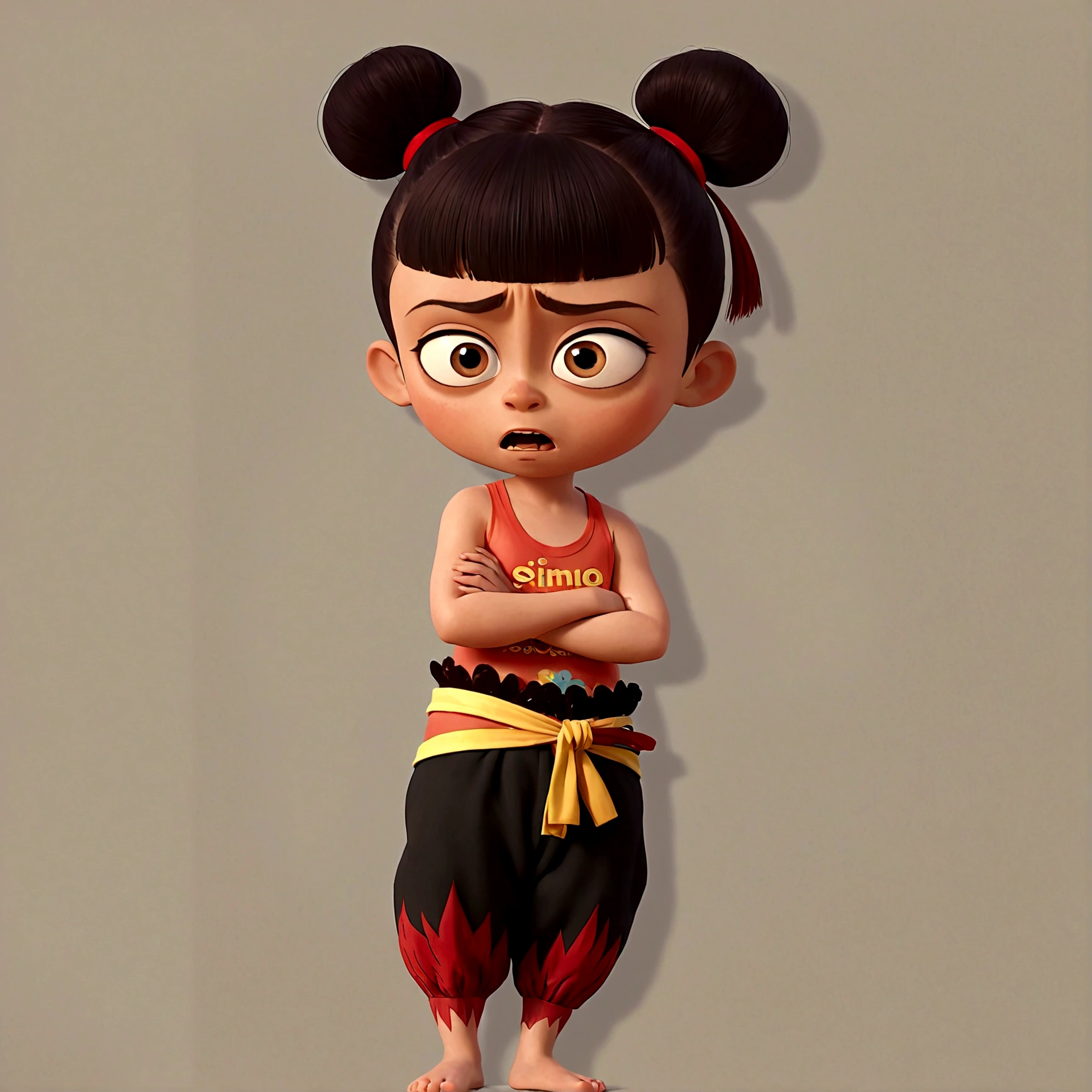 1boy,Cartoon Characters,Double bun,Red hair band,Red shirt,belt,Black pants,barefoot,solo
