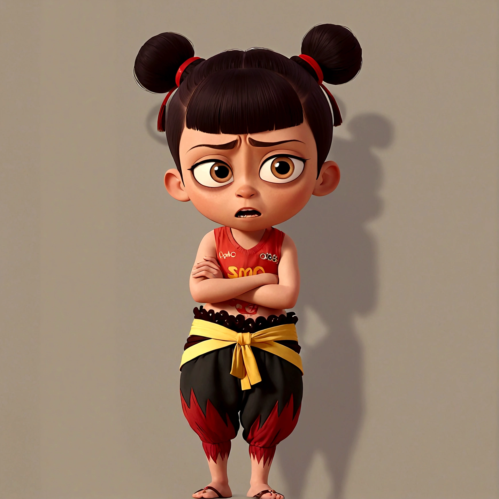 1boy,Cartoon Characters,Double bun,Red hair band,Red shirt,belt,Black pants,barefoot,solo