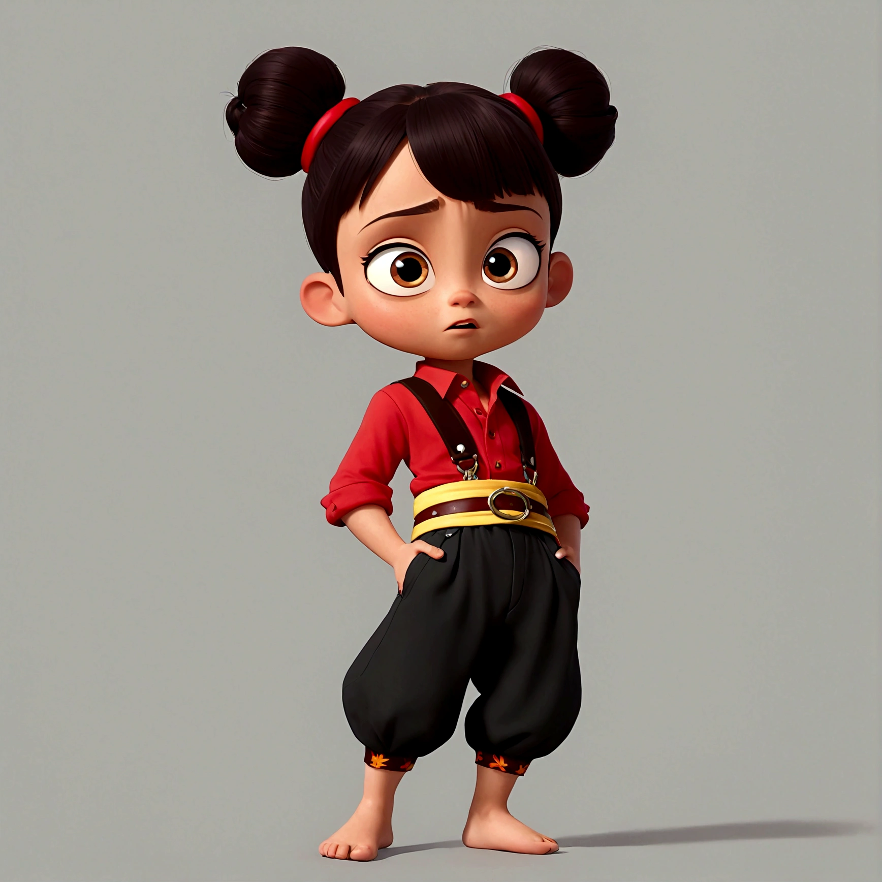 1boy,Cartoon Characters,Double bun,Red hair band,Red shirt,belt,Black pants,barefoot,solo