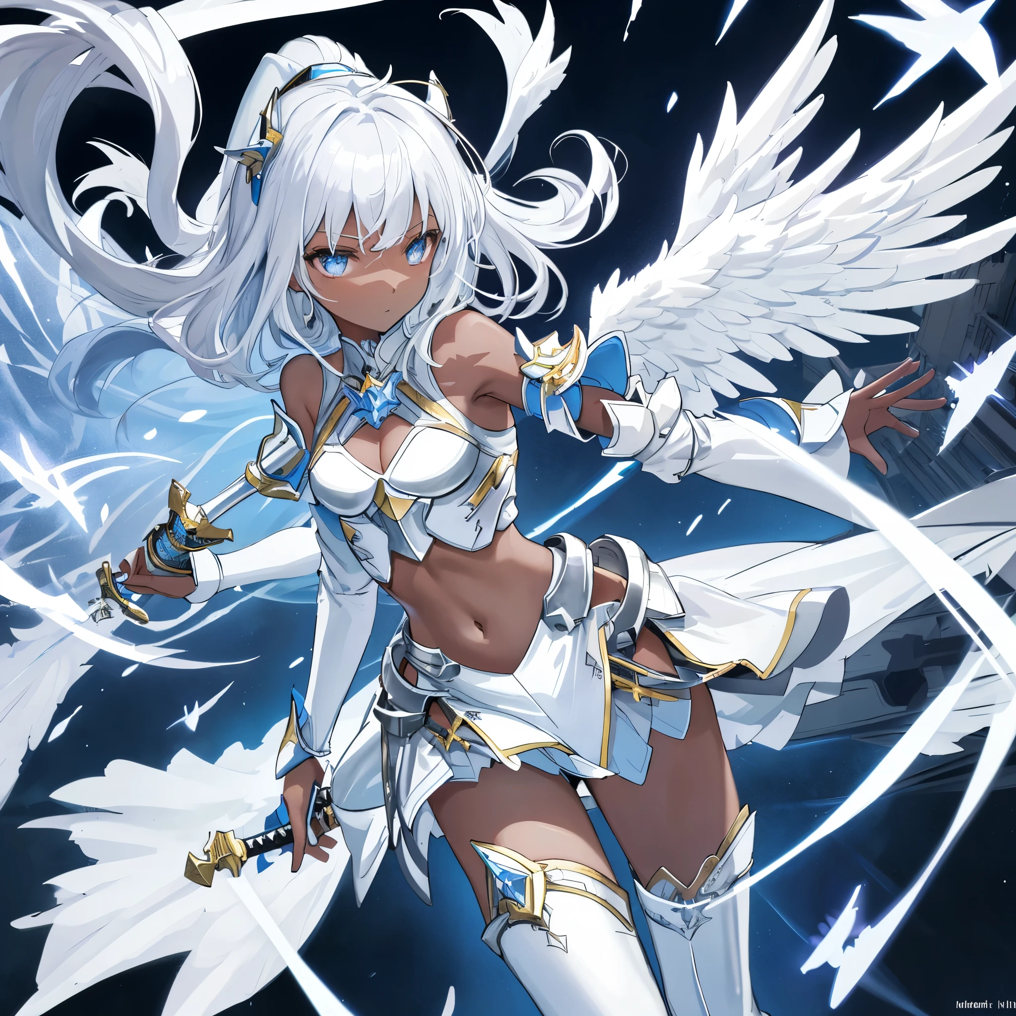 fantasy, 1angel_girl, low_, silver_medium_hair,long_bangs, (dark_skin)+, bare_shoulder, navel out, thighhighs,silver_shiny_armor, white_clothes,waist_armor, Glebe, hold_shiny_swords, medium_breasts, dynamic_pose_fighting,Floating, (1pair_white_wings,pelvic_curtain)++, Headgear ,city_sky_background,,slightly_spread_legs, multiple_shiny_swords_floating_around_the_girl