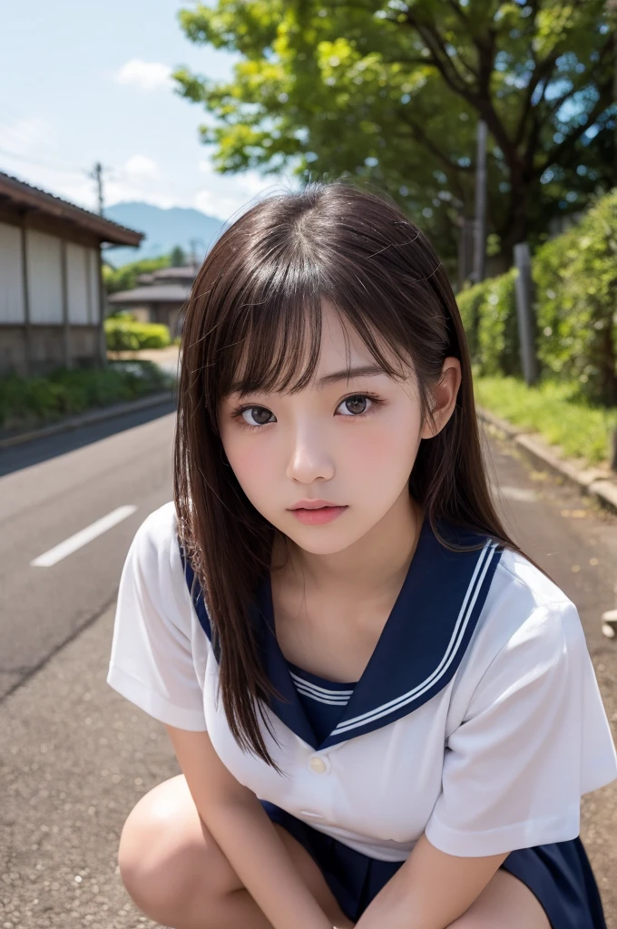 (1 Girl )、(Beautiful Japanese、18years old,round face、Refreshing、clear、seems kind、stylish、Pitiful、cute like an angel、cute、black eyes、,actress,Almond-shaped eyes,Translucent white skin、Beautiful skin), Good style , (((Beautiful big breasts:0.8))),(((soft breasts))),(very cute),(Black hair),(enchanting eyes),(highlight on eyes:1.2)、(8K、Live shooting、highest quality、masterpiece:1.2、optimal lighting)、((masterpiece)),(Photo taken by a professional photographer),(real、photo real:1.4),break,{ (cute Japanese high school sailor uniform),((Sailor Suit:1.0))},(cheeks are red:1.3), break, break,Face shot:1.3、 face close-up,Looking at viewer、(Cleavage:0.7)、From above,(high school),Troubled face:1.4、Japanese school、School gym:1.4,,Japan rice fields,evening、Student bag、Japanese countryside,squatting