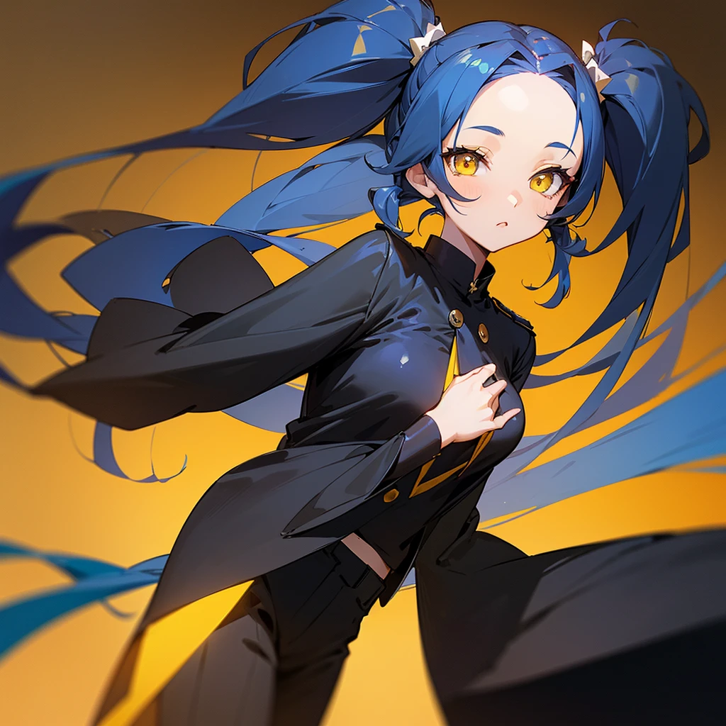 (One very tall, good looking woman,Navy Blue Hair,Her hairstyle is twin tails that expose her forehead., yellow eyes,Medium chest,Dynamic Angle Tall)Thick Black1Color ,Black trousers,Downtown Shibuya at night
