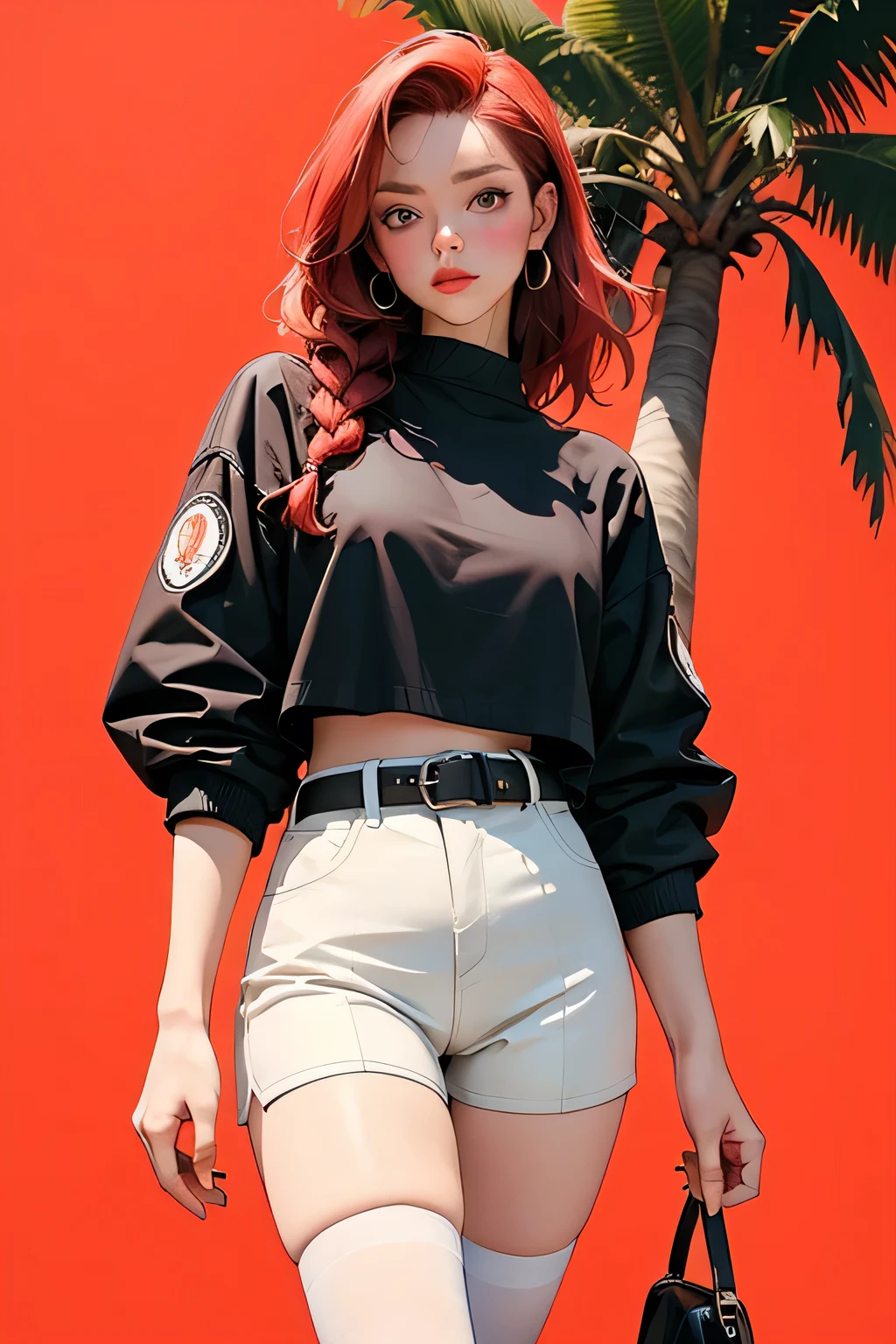 (masterpiece, best quality), absurd, Retro Girl, miami, Sunset, Ferrari, Palm tree, the 90s, Red hair, braid, White stockings, Black top, Bomber Jacket, High waist, belt, Latex shorts, puffy camel toe, Red background,