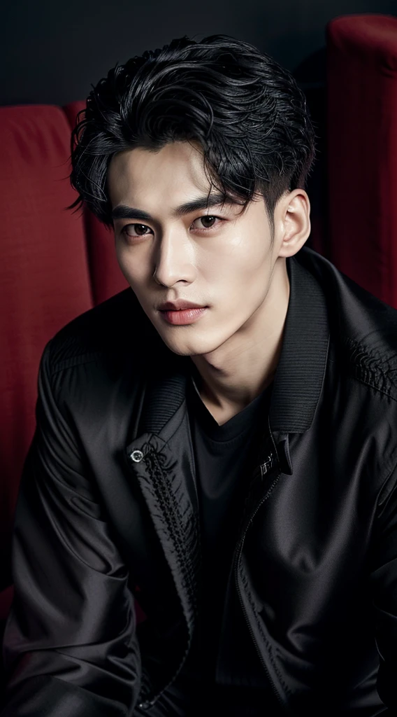 Close-up:A man in a black jacket sits on a red sofa, cai xukun, Inspired by Zhang Han, yanjun chengt, Xiaorong, heise jinyao, Inspired by Bian Shoumin, jin shan, inspired by Huang Gongwang, Who is Shi Yu?, Handsome Chad Chin, sha xi, Li Zixin