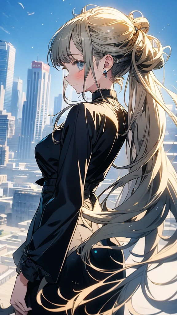 With anime style illustrations teenage girl stand with your back to Surrounded by a city, blue eyes, hair tied back aqua gold, wearing a black suit, good figure.