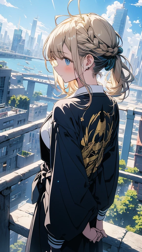 With anime style illustrations teenage girl stand with your back to Surrounded by a city, blue eyes, hair tied back aqua gold, wearing a black suit, good figure.