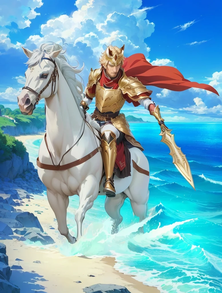 Close up of a person riding a horse on the beach, Official Art, Casimir Art, Arsene Lupin as a Paladin, Official Character Art, Taisho Rome, german anger, Male Centaur-Centaur Chimera, Official animation stills, Horse Warrior, gilgamesh, Official anime original image, author:Okada Kitasamatsu