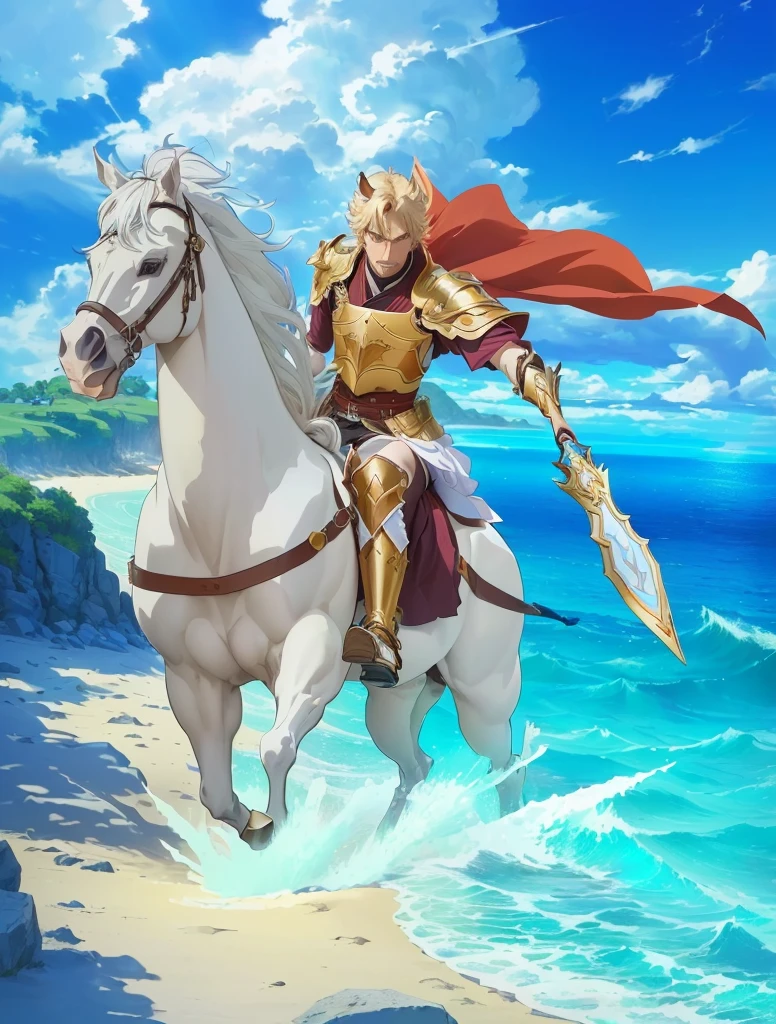 Close up of a person riding a horse on the beach, Official Art, Casimir Art, Arsene Lupin as a Paladin, Official Character Art, Taisho Rome, german anger, Male Centaur-Centaur Chimera, Official animation stills, Horse Warrior, gilgamesh, Official anime original image, author：Okada Kitasamatsu