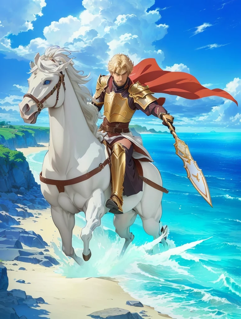 Close up of a person riding a horse on the beach, Official Art, Casimir Art, Arsene Lupin as a Paladin, Official Character Art, Taisho Rome, german anger, Male Centaur-Centaur Chimera, Official animation stills, Horse Warrior, gilgamesh, Official anime original image, author:Okada Kitasamatsu