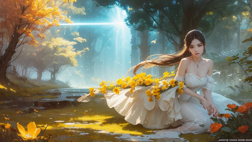 32k, Masterpiece, highest quality, One girl, Detailed eyes, flower,Sandersonia, Yellow and white style,A dreamy, romantic piece,Pale orange, Mysterious Leaves,A playful arrangement,Fantasy,High Contrast,Ink strokes,explosion,Exposure, Impression of yellow and white tones,Abstract,((Watercolours by John Berkey and Jeremy Mann )) Brush strokes,Negative Space, Tyndall effect,