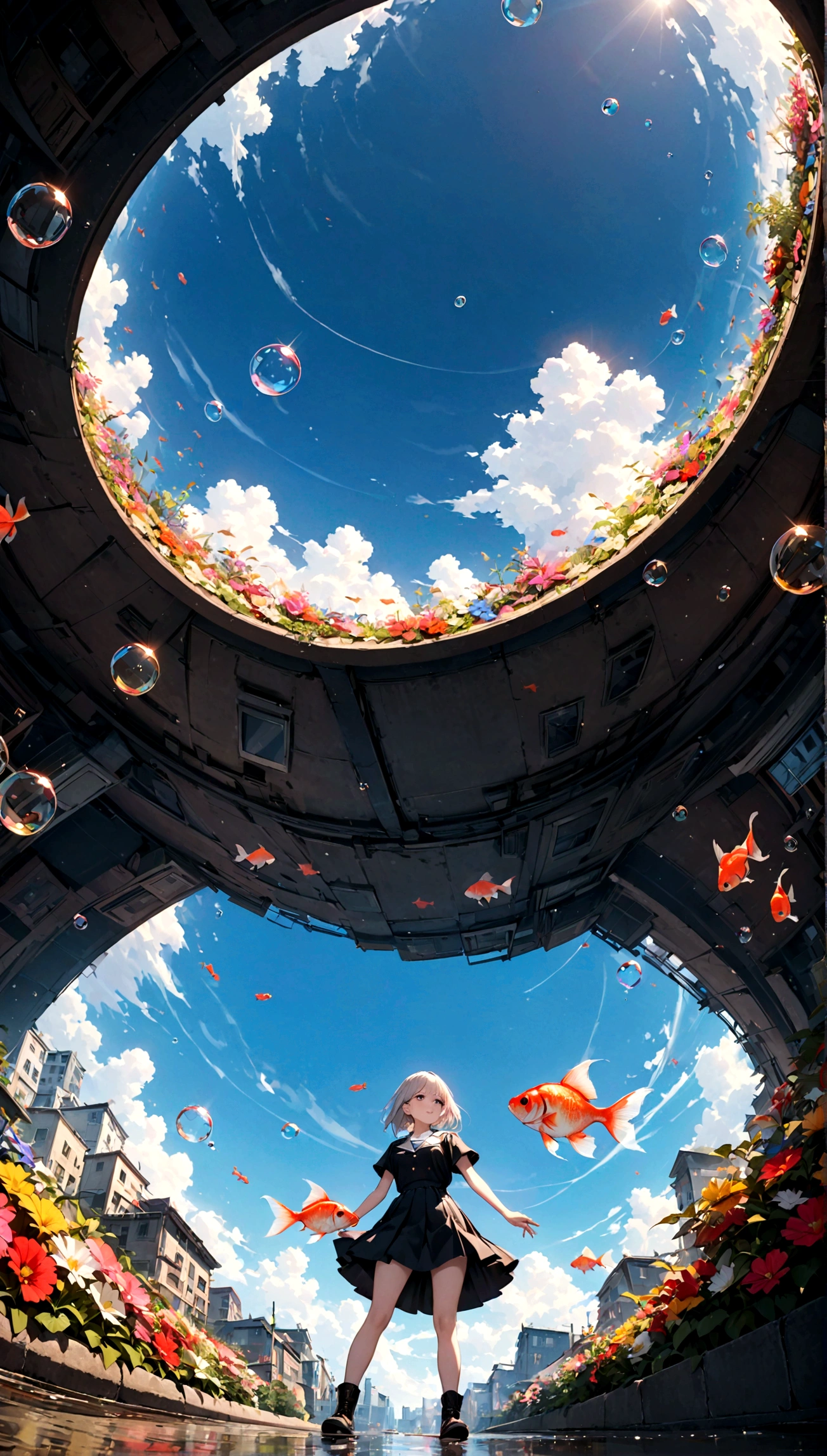 woman\(student, 15 years old, JK, Short silver hair floating, Space-colored eyes, school black uniform, Pale skin, Tired face、lack of shine in the eyes\) Looking up at the sky, (Many shiny red scale goldfish swimming in the air), (Transparent bubbles, like those in water, sparkle here and there in the sky.), Beautiful sky, Beautiful Clouds, There is a puddle on the ground、The scenery is beautifully reflected, Looking up at the wide sky from a narrow back alley in a cluttered downtown area, Colorful summer flowers are blooming everywhere., I see the wind blowing and shining, There is a noon moon and a noon star in the sky,From below, break ,quality\(8k,非常に精細なCGユニットのwallpaper, masterpiece,High resolution,top-quality,top-quality real texture skin,Surreal,Increase the resolution,RAW Photos,最高quality,Very detailed,wallpaper,Cinema Lighting,Ray-tracing,Golden Ratio\),Take the long view