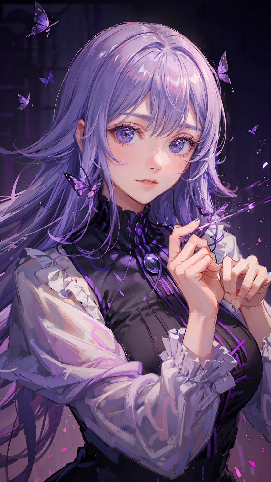 woman character, wavy purple hair, soft face, smile, soft looking ,purple and pink aura, big purple eyes, yellow glowing light butterflies around her ,