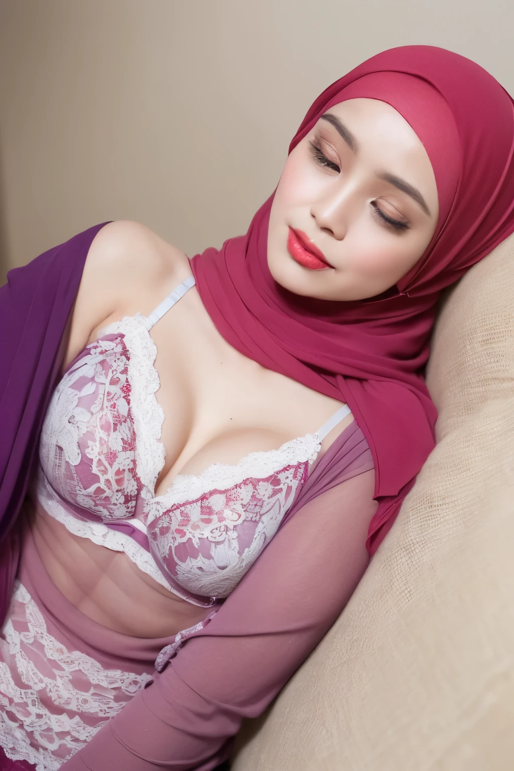 ((SLEEPING BEAUTY)), ((EYES WIDE )), ((OPEN BIG HUGE EYES)), ((FULL LACE)), Very Thin body (Wearing Bra Lingerie), (((HIJAB MALAY GIRL))), masutepiece, High quality, UHD 32K, Realistic face, Realistic skin feeling , A Malay Lady, , , Very cute and baby-like face, (((FLAT CHEST))), (MATRIX WORLD), ((look In front at the camera and SADNESS)), ((())), (((CUTE GIRL))), ((RED LIPS)), ((RED)), (naked undress). WEAR BRA LINGERIE, purple, lace
