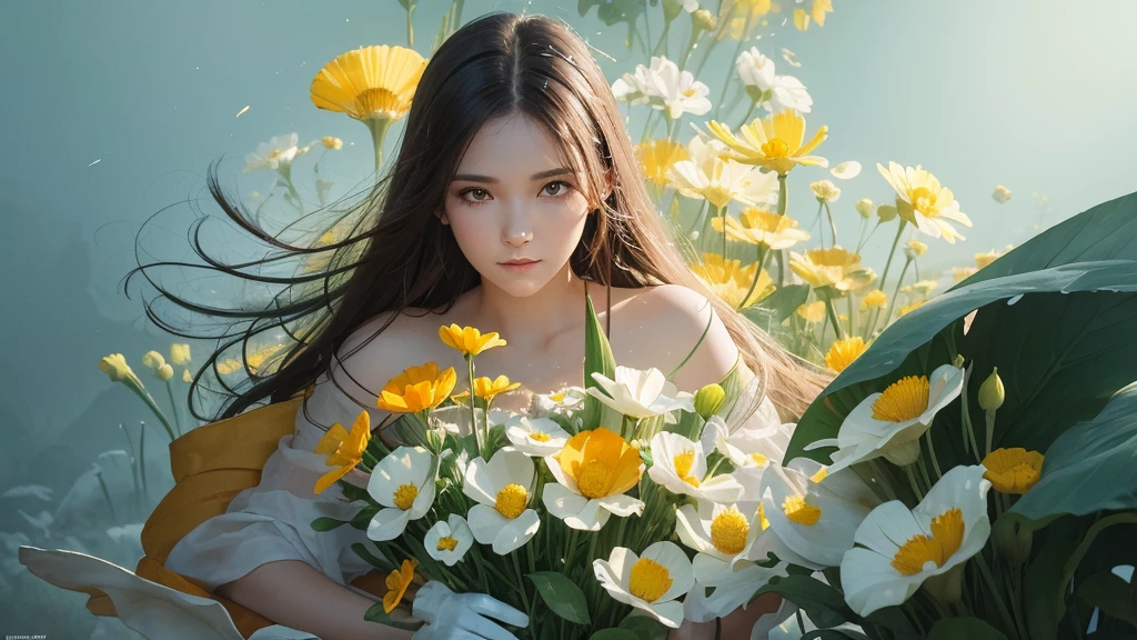 32k, Masterpiece, highest quality, One girl, Detailed eyes, flower,Sandersonia, Yellow and white style,A dreamy, romantic piece,Pale orange, Mysterious Leaves,A playful arrangement,Fantasy,High Contrast,Ink strokes,explosion,Exposure, Impression of yellow and white tones,Abstract,((Watercolours by John Berkey and Jeremy Mann )) Brush strokes,Negative Space, Tyndall effect,