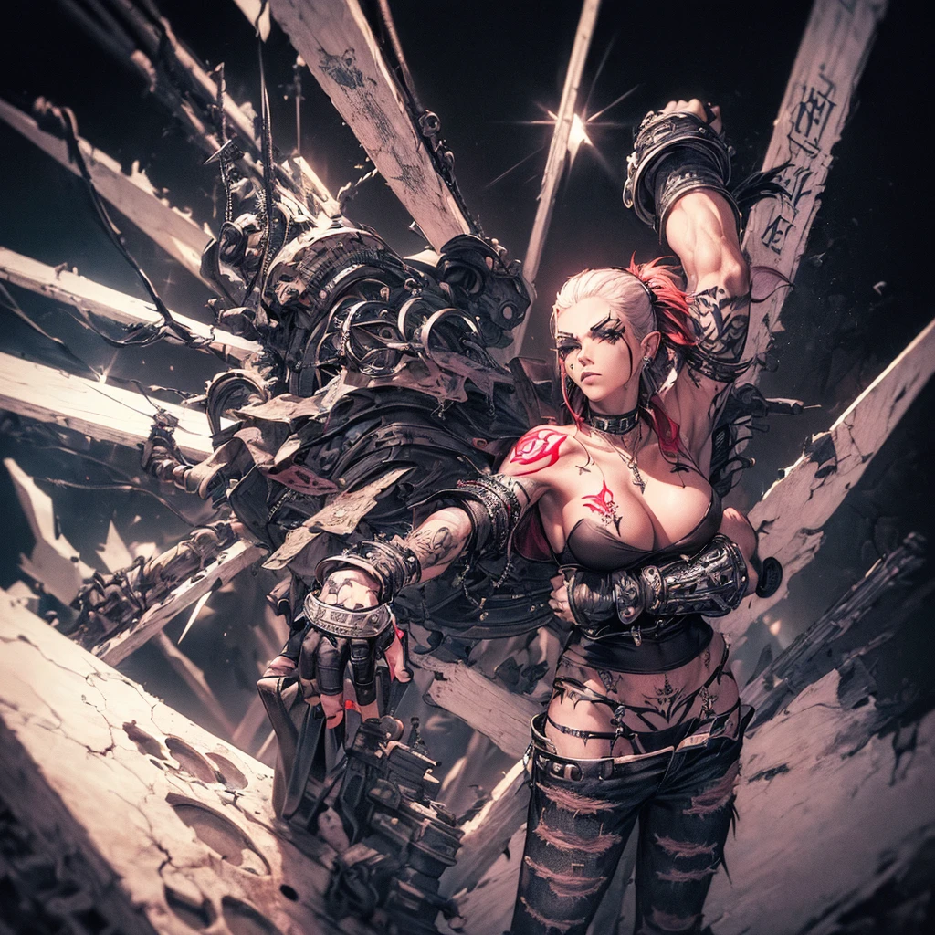 (((((a single woman))))), (((Rockeira))), (((lip piercing))), (((Large flare on lobes))), Roupa cyberpunk na cor preto e branco, Jaqueta de couro, (((Cabelo azul no estilo emo girl))), medium breasts, pulseira com spikes, brass knuckles necklace, (((black background wall with the writing SENTIINEL in capital letters in red and letters similar to the cover of a metal band)))), ((Torn pants)), ((((tattoos on arms and face))))