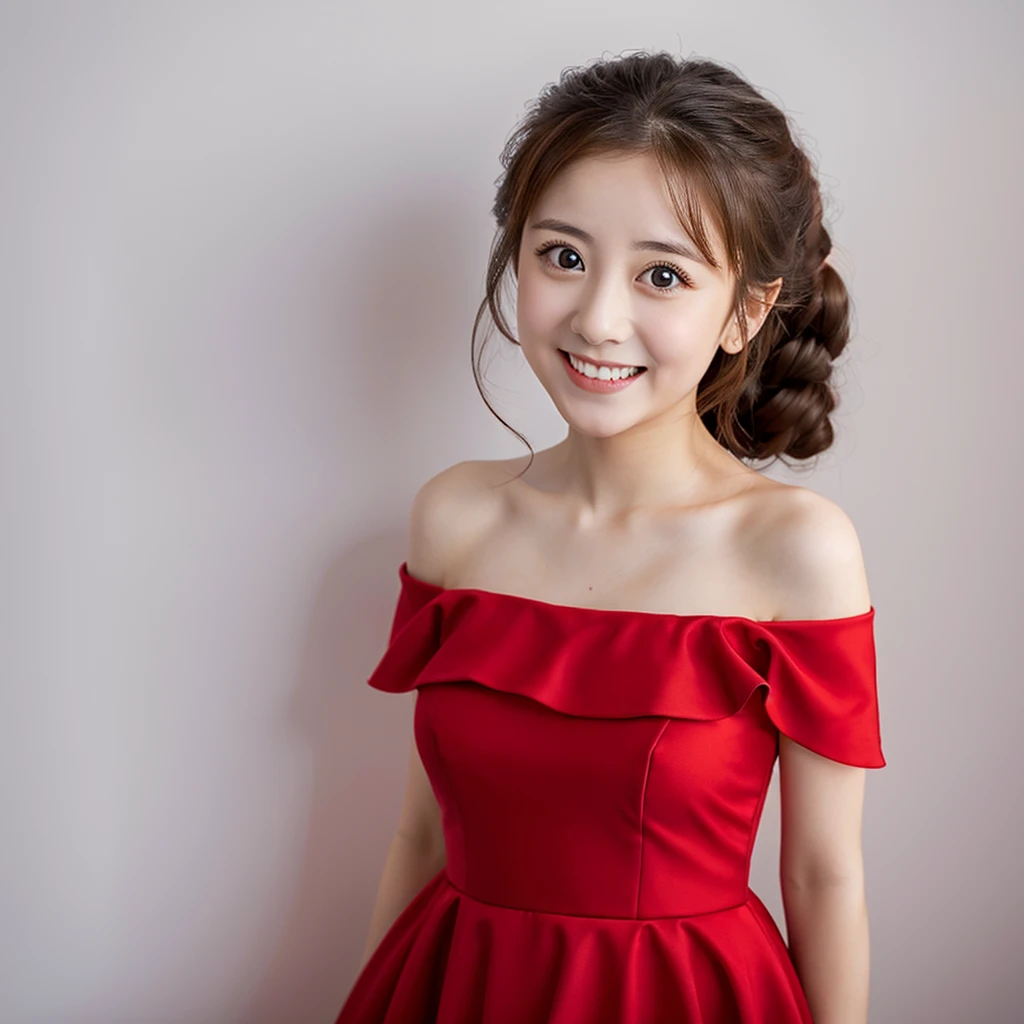 One girl, Red dress, (Masterpiece), (Realistic), (Ultra fine), (beautiful), White background, 30 years old, Masterpiece, White Wall, Big eyes, Smile,