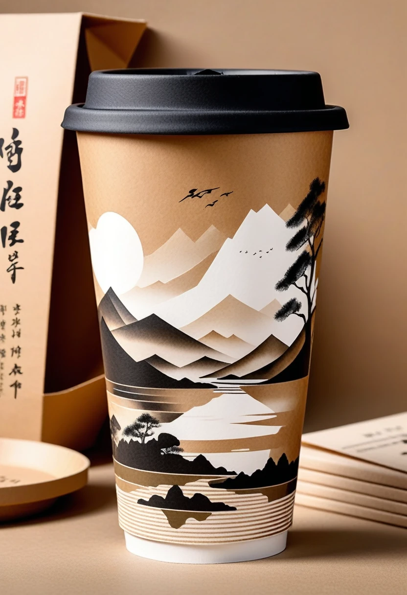 Kraft Paper Cups，printing：Geometric Abstract Ink，Explaining Jiangnan Landscape Architecture，Wu Guanzhong&#39;s style、It is an artistic expression that combines traditional Chinese ink painting techniques with Western painting concepts.。. It features a modern interpretation of a traditional theme., Create unique visual effects with colors and lines.