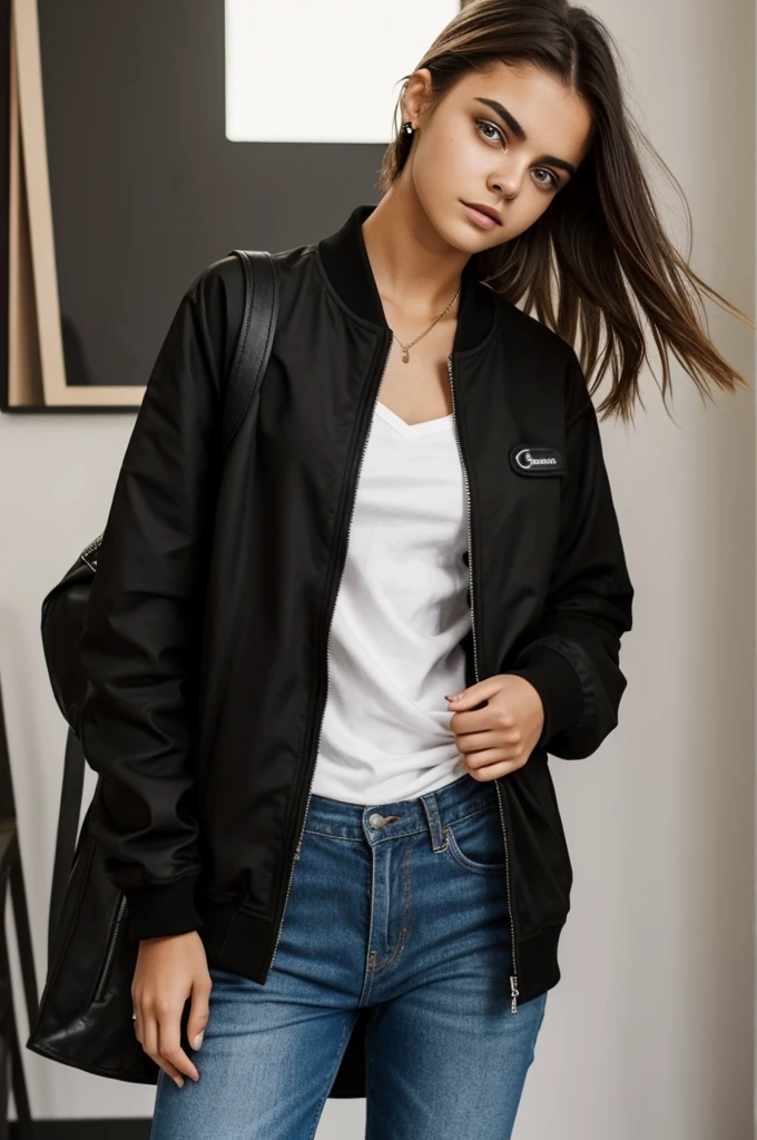 photograph of a 20 year old woman, cara perfecta, obra maestra, Bien, ropa interior, negro_Bien, chaqueta, negro_bragas