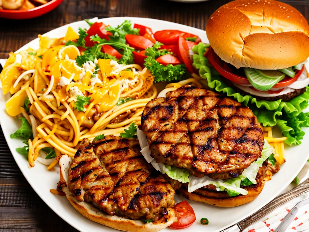 Juicy hamburger steaks, aromatic grilled chicken and seafood pastas full of seafood.