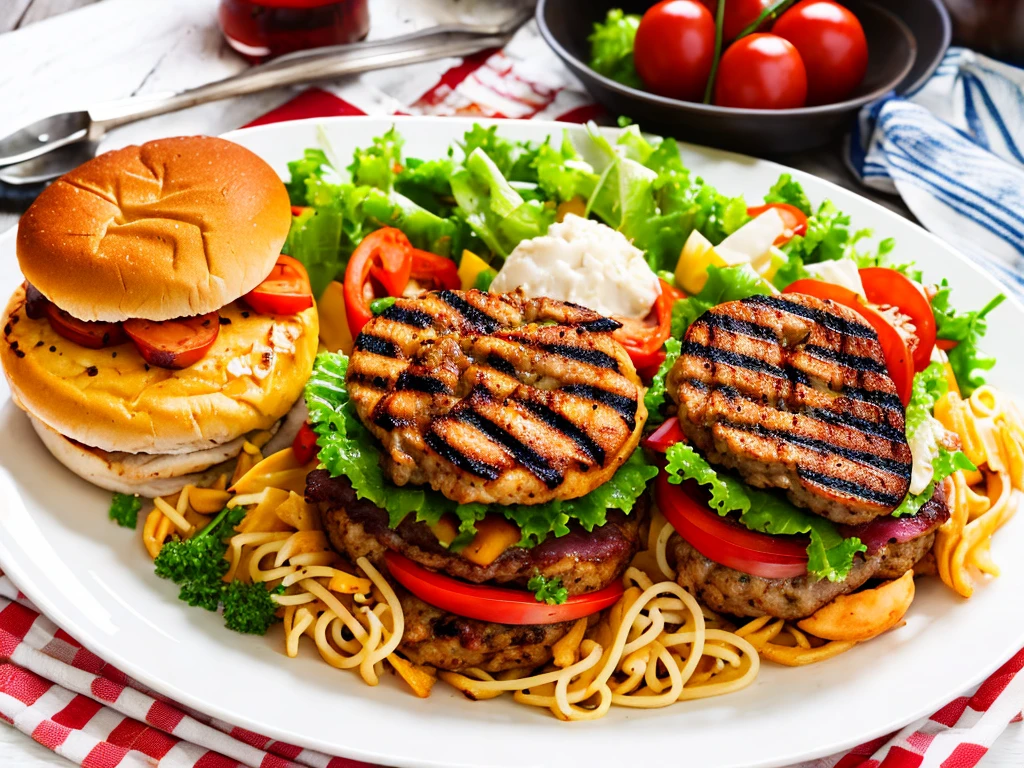 Juicy hamburger steaks, aromatic grilled chicken and seafood pastas full of seafood.