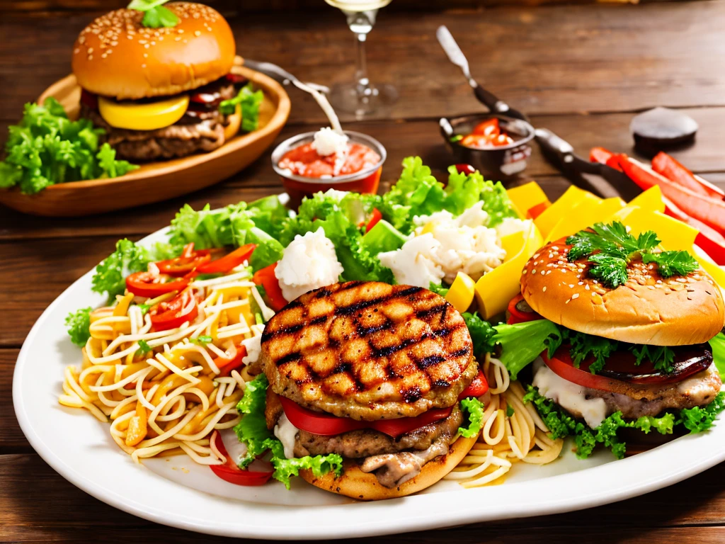 Juicy hamburger steak、Fragrant grilled chicken、And seafood pasta packed with seafood.