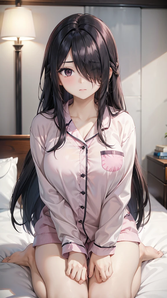 1girl,perfect ,black hair, long hair, (hair over one eye:1.4), messy hair, hair between eyes, chubby,saggy breast, cute motif pajama, cute shy blush on , bedroom 