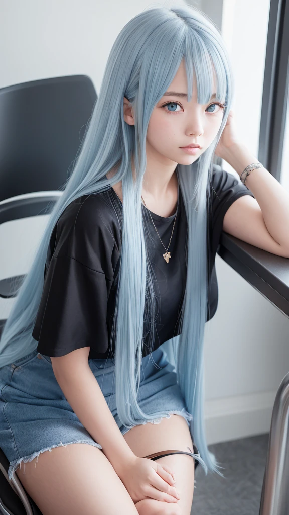 1girl, Long light blue hair, Dark Blue, Sitting in class, Modern  in black, Anime