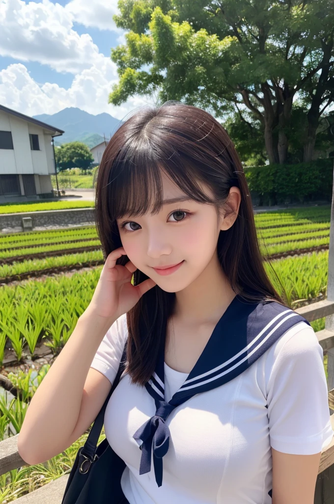 (1 Girl )、(Beautiful Japanese、18years old,round face、Refreshing、clear、seems kind、stylish、Pitiful、cute like an angel、cute、black eyes、,actress,Almond-shaped eyes,Translucent white skin、Beautiful skin), Good style , (((Beautiful big breasts:0.8))),(((soft breasts))),(very cute),(Black hair),(enchanting eyes),(highlight on eyes:1.2)、(8K、Live shooting、highest quality、masterpiece:1.2、optimal lighting)、((masterpiece)),(Photo taken by a professional photographer),(real、photo real:1.4),break,{ (cute Japanese high school sailor uniform),((Sailor Suit:1.0))},(cheeks are red:1.3), break, break,Face shot:1.3、 face close-up,Looking away、(Cleavage:0.7)、From above,(high school),Smile face、Japanese school、School gym:1.4,,Japan rice fields,evening、Student bag、Japanese countryside,dynamic angle