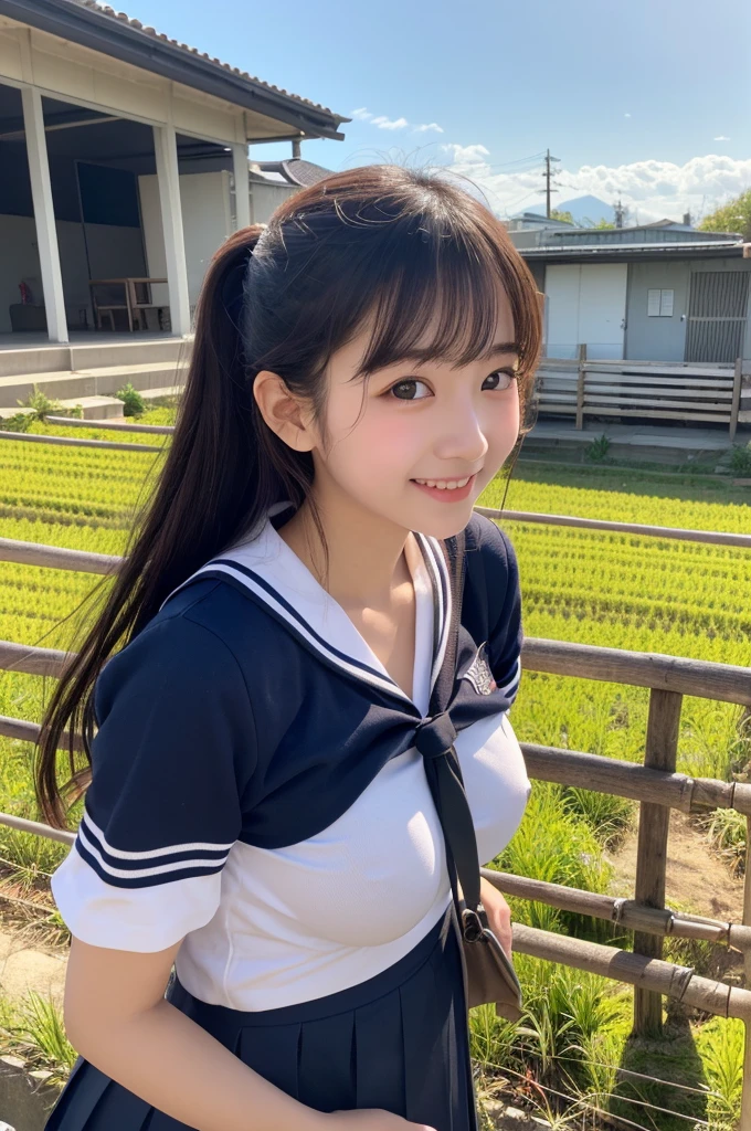 (1 Girl )、(Beautiful Japanese、18years old,round face、Refreshing、clear、seems kind、stylish、Pitiful、cute like an angel、cute、black eyes、,actress,Almond-shaped eyes,Translucent white skin、Beautiful skin), Good style , (((Beautiful big breasts:0.8))),(((soft breasts))),(very cute),(Black hair),(enchanting eyes),(highlight on eyes:1.2)、(8K、Live shooting、highest quality、masterpiece:1.2、optimal lighting)、((masterpiece)),(Photo taken by a professional photographer),(real、photo real:1.4),break,{ (cute Japanese high school sailor uniform),((Sailor Suit:1.0))},(cheeks are red:1.3), break, break,Face shot:1.3、 face close-up,Looking away、(Cleavage:0.7)、From above,(high school),Smile face、Japanese school、School gym:1.4,,Japan rice fields,evening、Student bag、Japanese countryside,dynamic angle