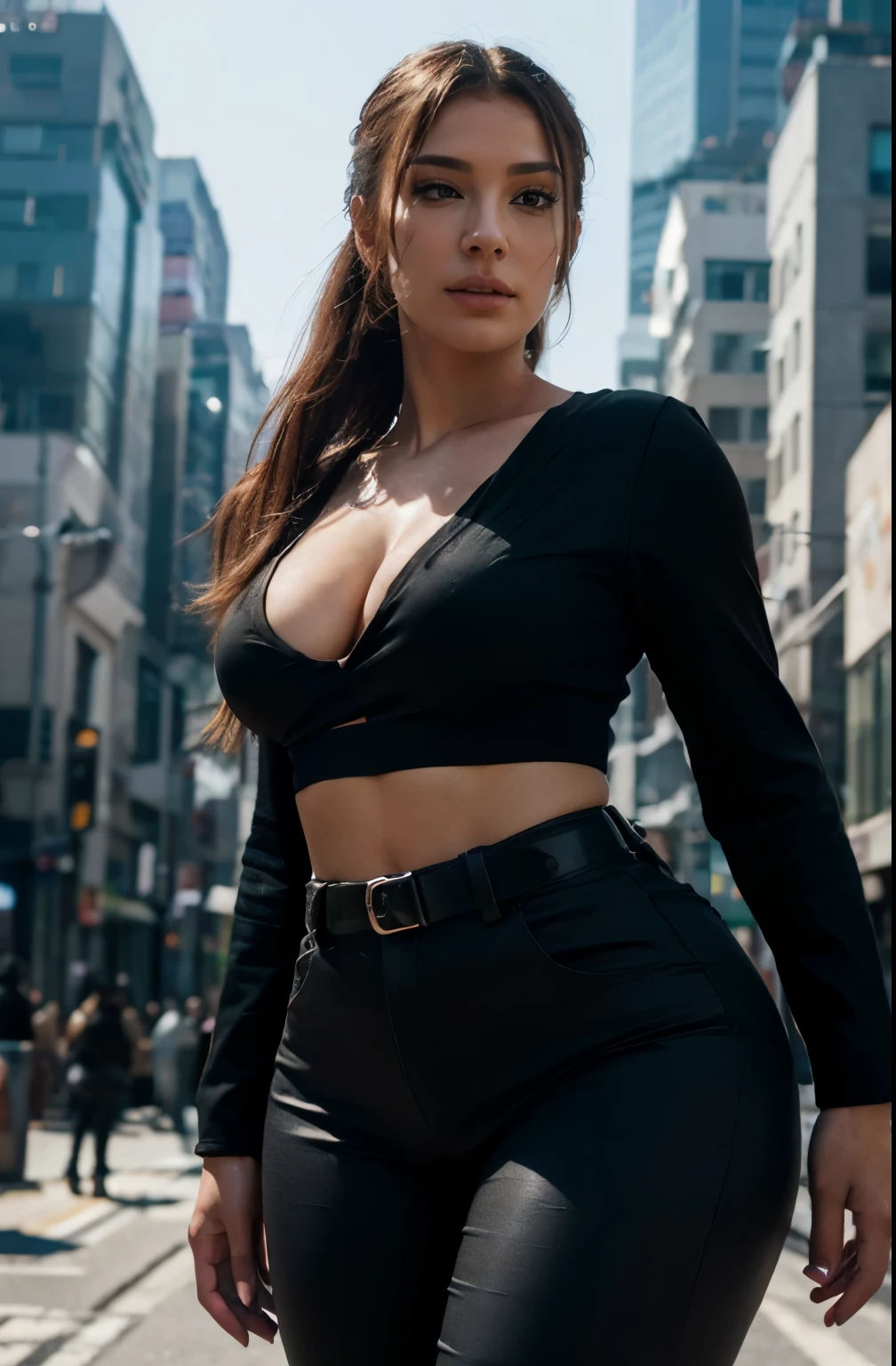 ((extremely detailed)), ((high detail)), ((photorealistic)), ((natural proportions)), ((realistic facial features)), ((smooth skin texture)), ((sharp focus)), ((perfect lighting)), ((balanced contrast)), ((vivid colors)), A young woman with a curvaceous figure, wearing a fitted black top and black pants. She has a confident and seductive pose, with realistic and natural proportions. Her outfit is stylish and modern, blending seamlessly with a cyberpunk-inspired background. The scene is highly detailed, photorealistic, with perfect lighting, sharp focus, and smooth skin texture. The overall composition is elegant and captivating, with vibrant colors and lifelike shadows. The woman has long, flowing hair and striking features, making her stand out in the bustling cityscape behind her. The result should emphasize realism, capturing the essence of a strong, confident woman in a futuristic setting, with a focus on high detail and natural beauty. The image should be suitable for all audiences, maintaining a classy and sophisticated appearance