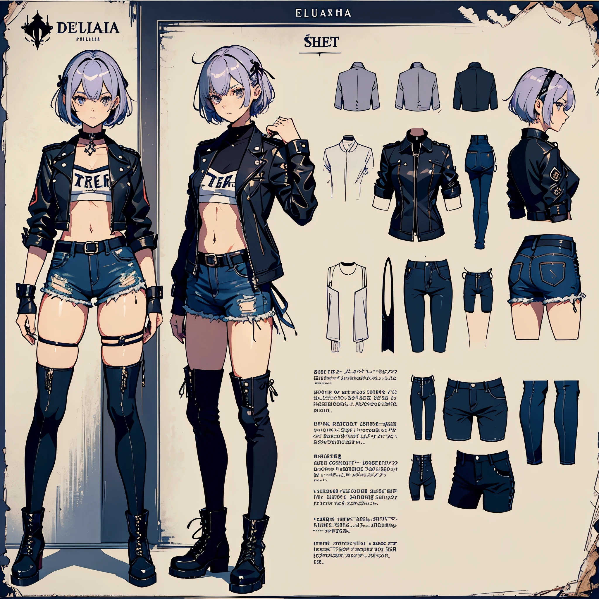 create a character sheet for Eulália Draha, a piscopath with a half-punk, half-cute style, 16 years old, fair skin, short platinum hair and lilac highlights, blue and gray eyes, short-sleeved shirt with the belly showing dark wine, black jacket black leather jacket, teddy bear hair clip, dark denim shorts with a torn teddy bear hanging on the side of the shorts and medium-high boots, (with emphasis on the teddy bear hanging on the shorts' belt)(anime style)(varied positions)(several positions) (full body)(open arms)(body and face side ways)(body and face from the front)(from the head to the boots)character sheet(full body)body and sideways(body and sideways)caracter sheet(full body)(character sheet)(varied positions)(character sheet)varied positions)(character sheet)(full body)character sheet